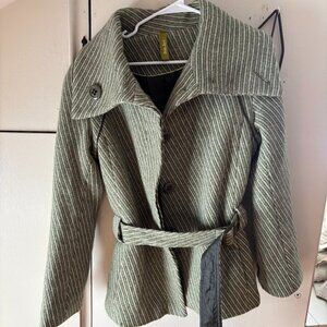Soia & Kyo Women's Coat Striped Green & White with Belt & Buttons Size M